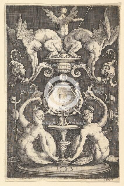 Panel of Ornament with Two Sirens, 1528. Creator: Lucas van Leyden.