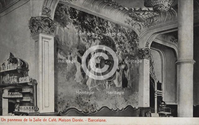 Panel of the room of the Café Maison Dorée in Barcelona, ??photography of 1915, postcard.