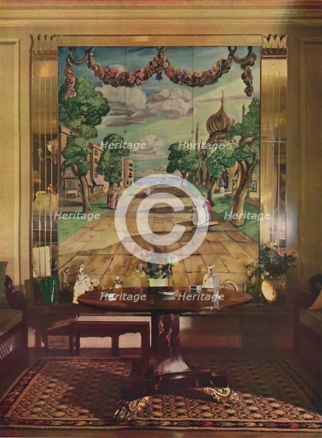Panel showing Regency Brighton, flanked by mirrored glass pilasters, 1933.  Artist: Unknown.
