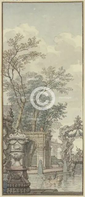 Panel, park view with waterworks and artificial rock, c1690s. Creator: Isaac de Moucheron.