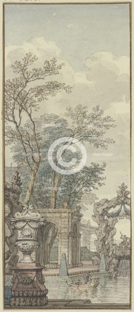 Panel, park view with waterworks and artificial rock, c1690s. Creator: Isaac de Moucheron.