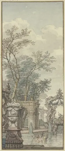 Panel, park view with waterworks and artificial rock, c1690s. Creator: Isaac de Moucheron