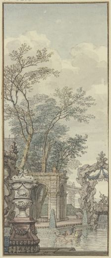 Panel, park view with waterworks and artificial rock, c1690s. Creator: Isaac de Moucheron