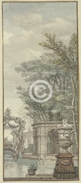 Panel, park view with waterworks and artificial rock, c1690s. Creator: Isaac de Moucheron.