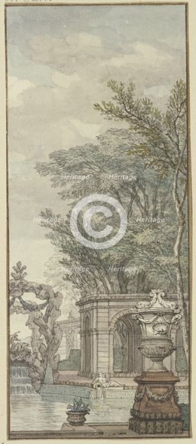 Panel, park view with waterworks and artificial rock, c1690s. Creator: Isaac de Moucheron.