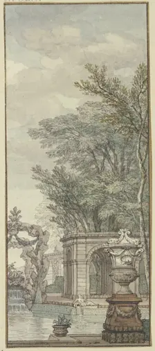 Panel, park view with waterworks and artificial rock, c1690s. Creator: Isaac de Moucheron