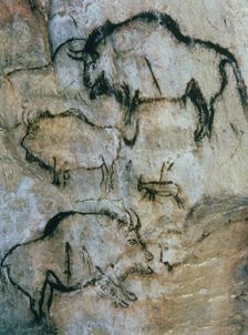 Panel with several overlapping bisons and a small goat, this one and several bisons are wounded b…