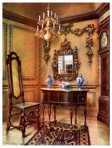 Panelling, mirror frame, walnut table and chair, Charles Wesley's walnut high case clock, 1910.Artist: Edwin Foley