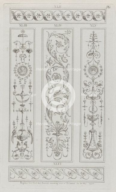 Panels of Ornament, nos. XLII-XLVI ("Designs for Various Ornaments," pl. 14), May 30, 1778. Creator: Michelangelo Pergolesi.