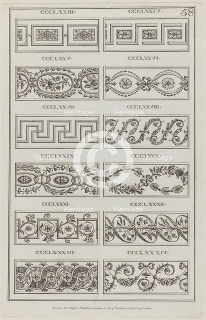 Panels of Ornament, nos. CCCLXXIII-CCLXXXIV ("Designs for Various Ornaments," pl..., April 29, 1791. Creator: Michelangelo Pergolesi.