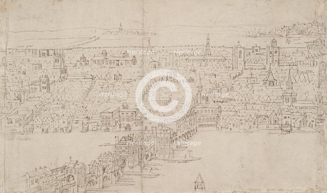 Panorama of London as seen from Southwark: London Bridge, 1554. Artist: Anthonis van den Wyngaerde.