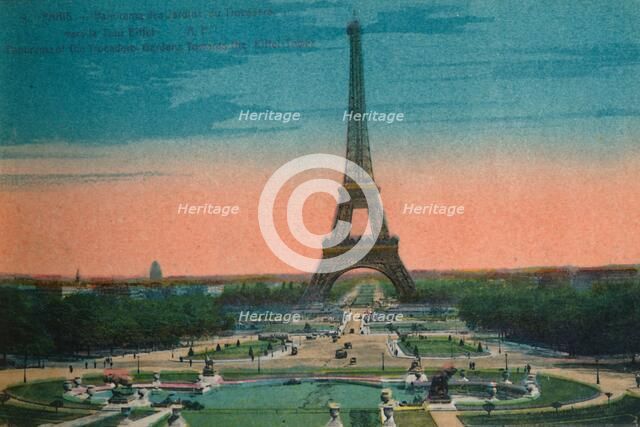 Panorama of the Jardins du Trocadéro and the Eiffel Tower, Paris, c1920. Artist: Unknown.
