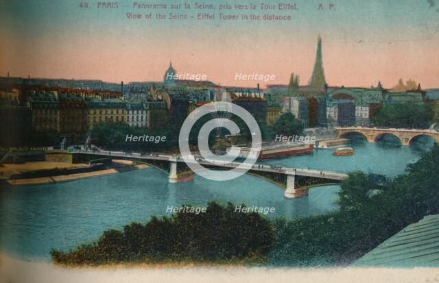 Panorama of the River Seine with the Eiffel Tower in the distance, Paris, c1920. Artist: Unknown.