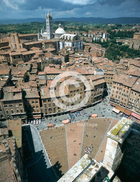 Panorama to cathedral, Sienna, Tuscany, Italy. Creator: Peter Thompson.