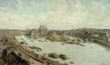 Panoramic view of Paris in 1588, from the rooftops of the Louvre, with Pont-Neuf under..., 1890. Creator: Theodor Josef Hubert Hoffbauer