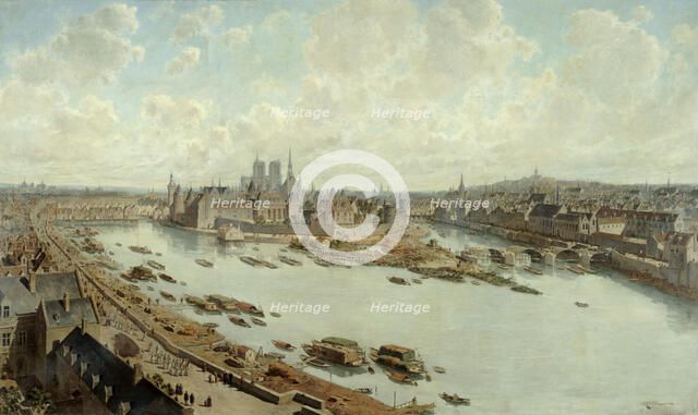 Panoramic view of Paris in 1588, from the rooftops of the Louvre, with Pont-Neuf under..., 1890. Creator: Theodor Josef Hubert Hoffbauer.