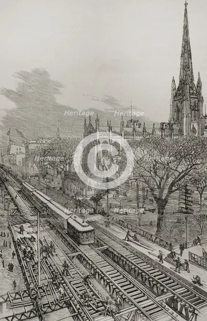 Panoramic view of the new elevated railway, Gilbert system, taken from New Church St, New York 1878. Creator: Unknown.