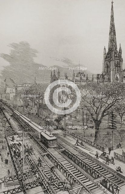 Panoramic view of the new elevated railway, Gilbert system, taken from New Church St, New York 1878. Creator: Unknown.
