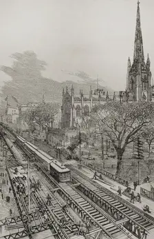 Panoramic view of the new elevated railway, Gilbert system, taken from New Church St, New York 1878. Creator: Unknown