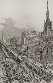 Panoramic view of the new elevated railway, Gilbert system, taken from New Church St, New York 1878. Creator: Unknown