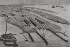 Panoramic view of the Carenas Dike of Messrs. A. López y Cía. at Matagorda Beach, Cadiz, Spain,1878. Creators: Rafael Monleon, Bernardo Rico