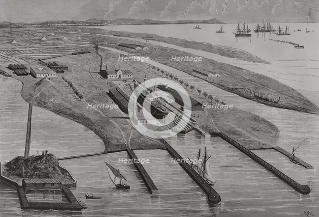 Panoramic view of the Carenas Dike of Messrs. A. López y Cía. at Matagorda Beach, Cadiz, Spain,1878. Creators: Rafael Monleon, Bernardo Rico.