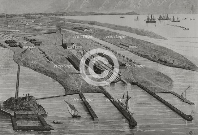 Panoramic view of the Carenas Dike of Messrs. A. López y Cía. at Matagorda Beach, Cadiz, Spain,1878. Creators: Rafael Monleon, Bernardo Rico.