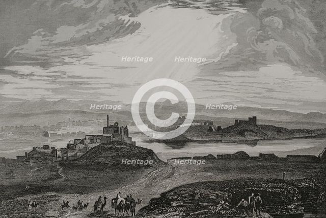 Panoramic view of the city alongside the Tigris River, Nineveh, (near present-day Mosul...), 1840. Creator: Aubert.