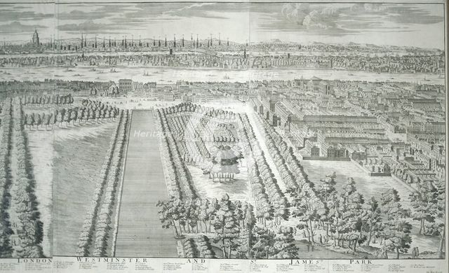 Panoramic view of the City of London and Westminster showing St James's Park, 1730. Artist: van Hove