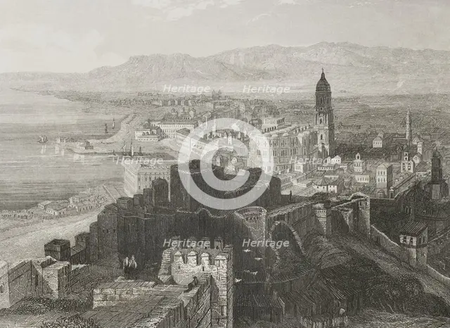 Panoramic view of the city of Malaga, Andalusia, Spain, 1853. Creator: Antonio Roca Sallent.