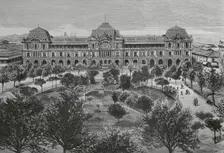 Panoramic view of the Plaza de Armas and main façade of the Gran Hotel Inglés, Santiago, Chile,1883. Creator: Eugenio Vela