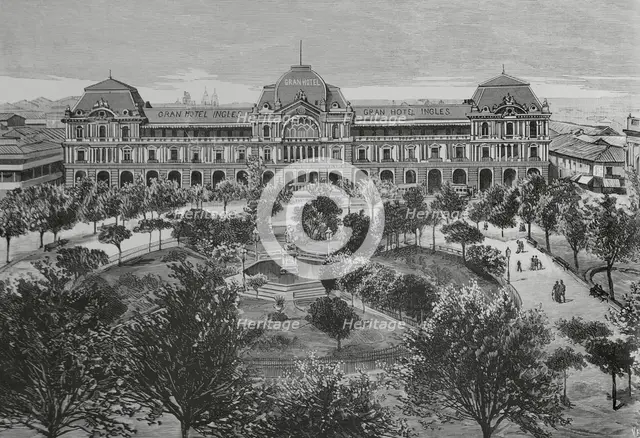 Panoramic view of the Plaza de Armas and main façade of the Gran Hotel Inglés, Santiago, Chile,1883. Creator: Eugenio Vela.