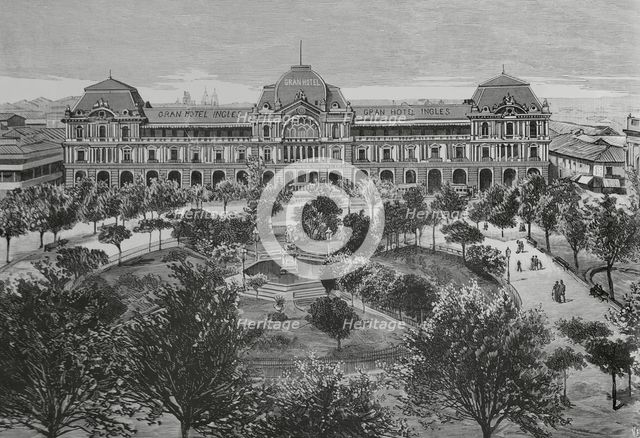 Panoramic view of the Plaza de Armas and main façade of the Gran Hotel Inglés, Santiago, Chile,1883. Creator: Eugenio Vela.