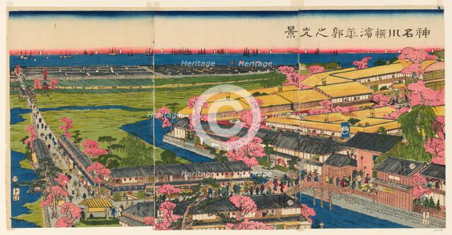 Panoramic View of the Pleasure Quarters in Yokohama, Kanagawa (Kanagawa Yokohama..., 1860. Creator: Sadahide Utagawa.