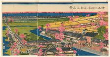 Panoramic View of the Pleasure Quarters in Yokohama, Kanagawa (Kanagawa Yokohama..., 1860. Creator: Sadahide Utagawa
