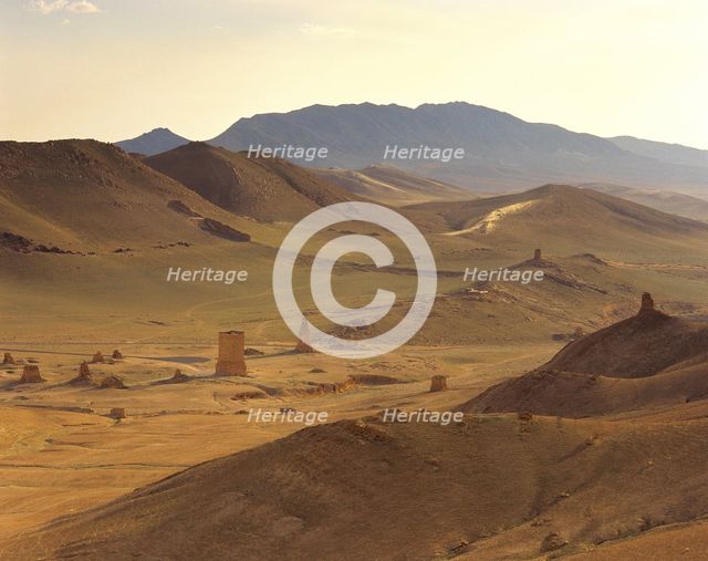 Panoramic view, Valley of the Tombs, The Oasis of Palmyra, Syria, 1999.  Creator: LTL.