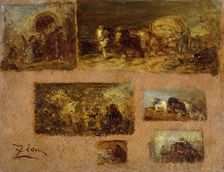Panneau de six études de chariot (au recto) ; Paysage (au verso), between 1843 and 1844. Creator: Felix Francois Georges Philibert Ziem