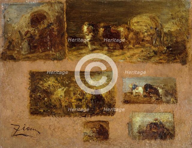 Panneau de six études de chariot (au recto) ; Paysage (au verso), between 1843 and 1844. Creator: Felix Francois Georges Philibert Ziem.