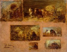 Panneau de six études de chariot (au recto) ; Paysage (au verso), between 1843 and 1844. Creator: Felix Francois Georges Philibert Ziem
