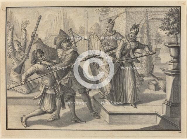 Pantaloon and the Doctor Fighting with Columbine and Brigatella in the Garden, c. 1729. Creator: Johann Jakob Schübler.