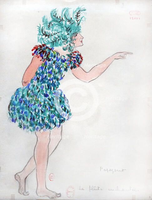 Papageno. Costume design for the Opera "La flûte enchantée" by W. A. Mozart, 1922. Creator: Drésa, Jacques (1869-1929).