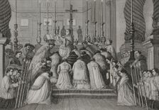 Papal Mass at St Peter's Basilica in Rome, 1857. Creator: Esteban Buxo