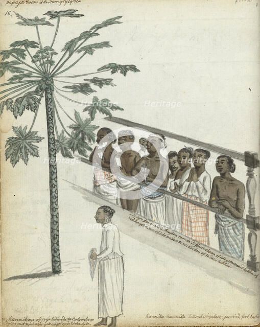 Papaya tree, litigants come to see the Dessave, and a 'hennikap' or free servant in Colombo, 1785. Creator: Jan Brandes.