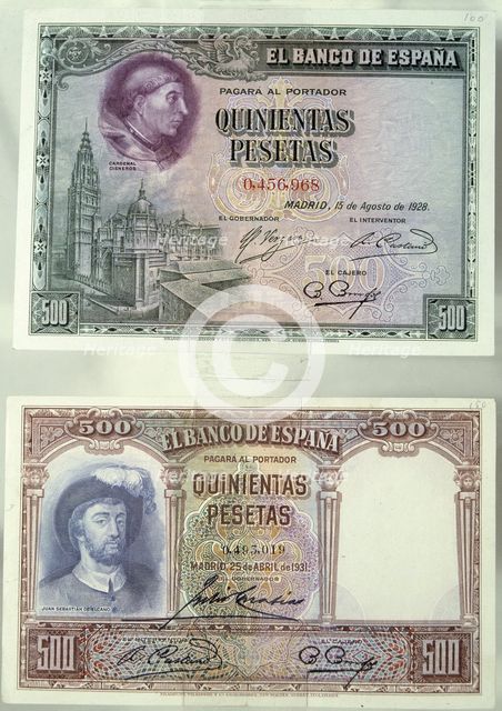 Paper money of 500 pesetas, of legal tender when beginning the Spanish Civil War, issued in 1928 …