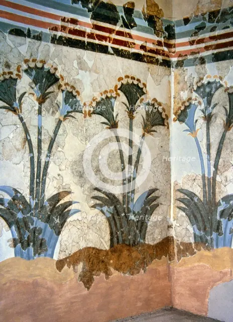 Papyrus Fresco, Room of the Ladies, Museum of Prehistoric Thera, Akrotiri, Thera (Santorini), 2000.  Creator: LTL.