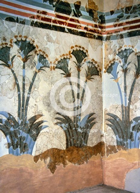 Papyrus Fresco, Room of the Ladies, Museum of Prehistoric Thera, Akrotiri, Thera (Santorini), 2000.  Creator: LTL.