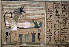 Papyrus of Anubis preparing a mummy