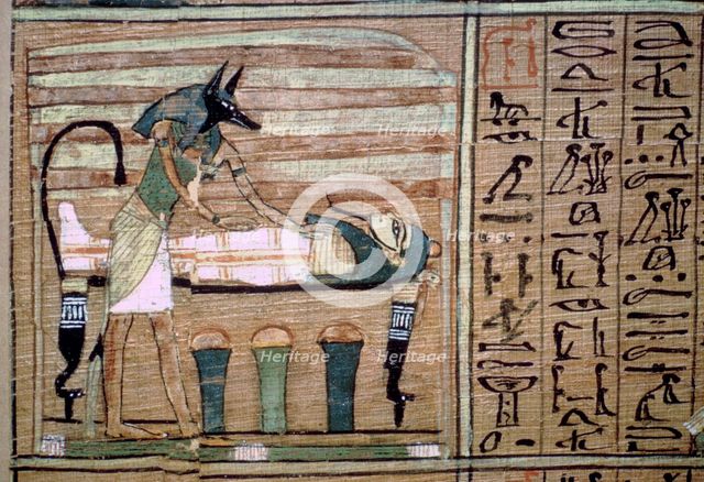 Papyrus of Anubis preparing a mummy. Artist: Unknown