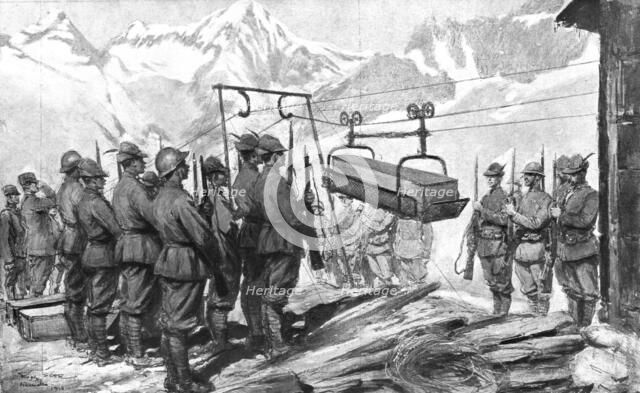 'Par Dela les Alpes; L'hiver sur les pentes de l'Adamello: les honneurs au cercueil d'un..., 1917. Creator: Unknown.