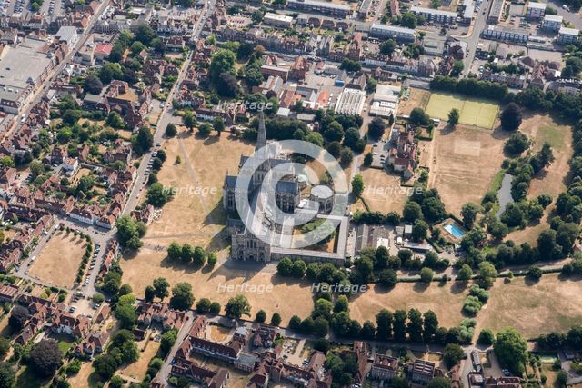 Parch marks around Salisbury Cathedral during the summer of 2018.  Creator: Damian Grady.